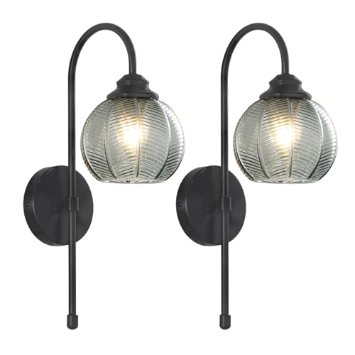 Image of KCO Lighting Modern Glass Globe Wall Sconce Smoke Gray Glass Vanity Light Long Black Wall Sconces Set of Two Industrial Mid Century Wall Sconce Bedroom Wall Lamps Hardwired