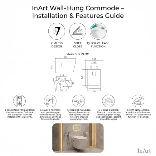 Image of InArt Rimless Wall Hung Western Toilet - Ceramic Commode Toilet with Quick Release Soft Close Toilet Seat, 51x35x34 cm (White) - 10 Years Warranty