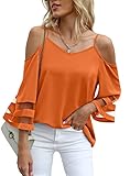 Jouica Womens Sheer Panel 3/4 Bell Sleeve ​Shirts V Neck Open Shoulder Tops Chiffon Blouses for Women,Orange,Small