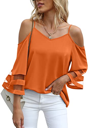 Jouica Summer Mesh Panel 3/4 Bell Sleeve Tshirt Cold Shoulder Shirt Tops for Women,Orange,X-Large