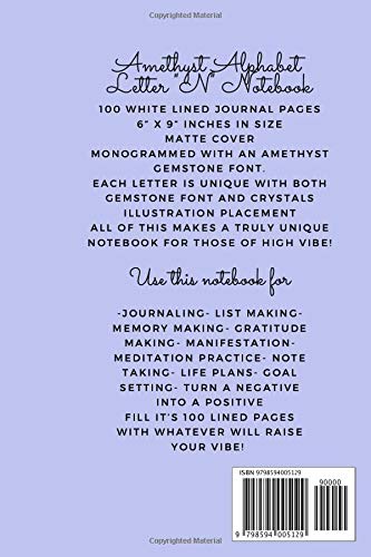 Amethyst Alphabet Letter ‘N’ Notebook: Purple Monogrammed Gemstone Crystal Notebook ; 6" x 9" inches white lined Journal Pages (Amethyst Alphabet Notebooks) - Image 2