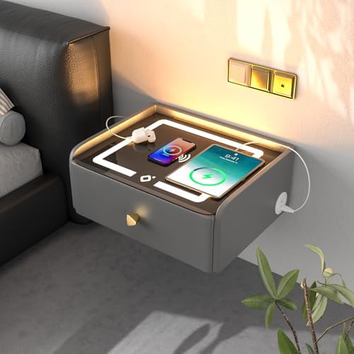 Comodino Rolanstar Con Luci LED E Stazione Di Ricarica USB, 2 Cassetti In Tessuto, Tavolino Da Divano, Bianco