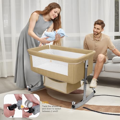 sxvbdway Bedside Bassinet Baby Crib, 4-in-1 Bedside Crib with Changing Table, 6 Levels Height Adjustable Baby Crib with Basket & Mosquito Net, Wheels, Portable Newborn Infant Cradle Bassinet Khaki