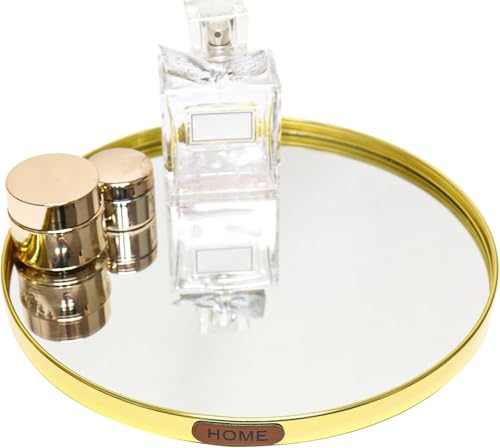 SEMSOIIO Luxury Mirrored Decorative Tray, Round Glass Mirror Vanity Tray for Perfume and Jewelry Display, Modern Makeup Storage Organizer for Dresser, Bathroom, Coffee Table, Kitchen Counter