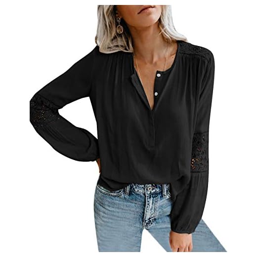 Style Dome Dam spetstoppar bomull t-shirt långärmad v-ringad virkad spets broderad elegant blus skjorta topp, 1-svart, XL