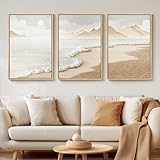 Framed Boho Beach Coastal Wall Art for Living Room, Large Neutral Abstract Coastal Canvas Artwork for Walls, 3 Piece Minimalist Ocean Picture Print for Living Room Bedroom Kitchen Wall Decor, 16x24 In