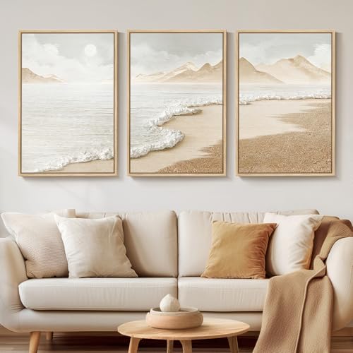 Framed Boho Beach Coastal Wall Art for Living Room, Large Neutral Abstract Coastal Canvas Artwork for Walls, 3 Piece Minimalist Ocean Picture Print for Living Room Bedroom Kitchen Wall Decor, 16x24 In