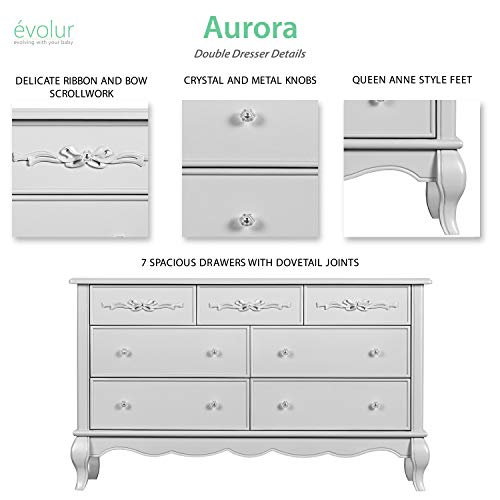 Evolur Aurora 7 Drawer Double Dresser, Akoya Grey Pearl/ Silver Mist #TOP5