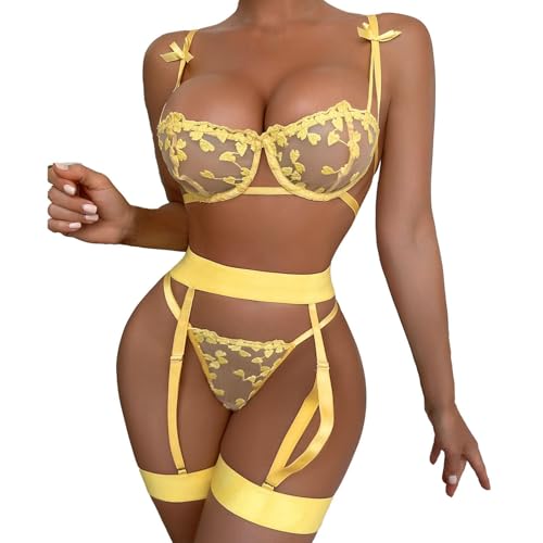 Image of Women Cute Bra Panty Lingerie Set with Garter Belt Lace Teddy Strap Babydoll Lingerie Romantic Bikini with Panty Gown Set for Women Party Set