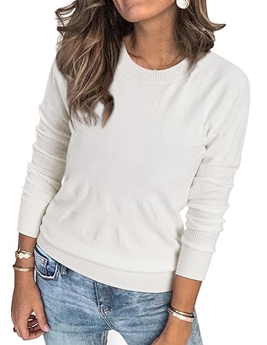 Image of Arach&Cloz Womens Jumpers Ladies Long Sleeve Crew Neck Knitted Tops Spring Summer Casual Dressy Sweater White, S