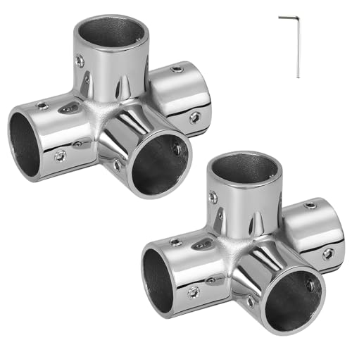 ODYSUNRAL Marine Grade Boat Handrail Fitting 4-Way Pipe Fitting for 1" Round Tubing, 316 Stainless Steel Mirror Polished Hand Rail Fitting 4-Way Pipe Connector(2-Pack)