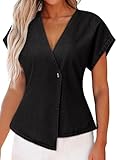 EVALESS Denim Shirts for Women Short Sleeve Button Down Shirts 2026 Spring Summer Tops Sexy Deep V Neck Work Blouses Cotton Asymmetrical Jean Jacket Fashion Clothing Black Large
