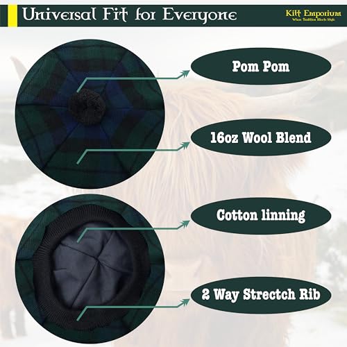 Kilt Emporium Scottish Tammy Hat Traditional Kilt Tam o' Shanter Bonnet with Pompom (Black Watch) - Thumbnail 4