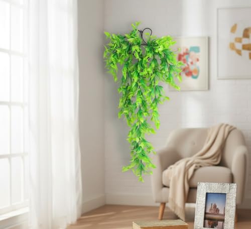 Image of Foliyaj Artificial Green Flower Leaf Vine with Metal Wall Stand | Decoration Items for Living Room | Creeper for Wall Decor (Length 70 cm + 1 Metal Wall Stand)