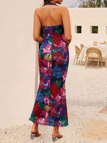 Image of ZESICA Women's Summer Floral Halter Neck Sleeveless Maxi Dress