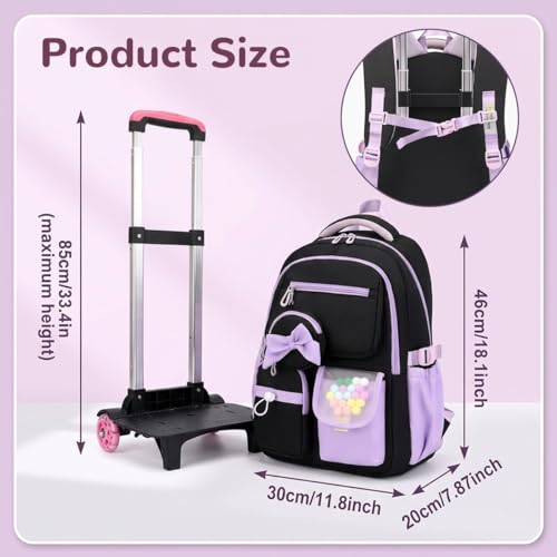 Image of PALAY School Trolley Bag for Girls Purple Black Oxford Cloth Rolling Backpack Cute Bow Waterproof Trolley Bags Multi-Compartments School Bag with Wheels for Elementary, Middle