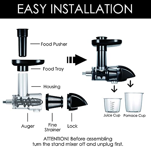 Juicer Attachment for KitchenAid Stand Mixers, Masticating Juicer Attachment, Slow Juicer Attachment for Kitchenaid Mixers, Easy to Clean with Brush, Enjoy Healthy Juice, Classic Black