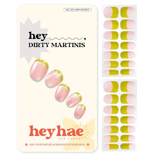 Heyhae Semi Cured Gel Nail Strips | No LED Lamp Needed | French, Green, Spring | Easy Apply & Remove, Salon Quality | Includes 28 Strips, 1 Prep Pads, Nail File & Wooden Stick - Hey, Dirty Martinis