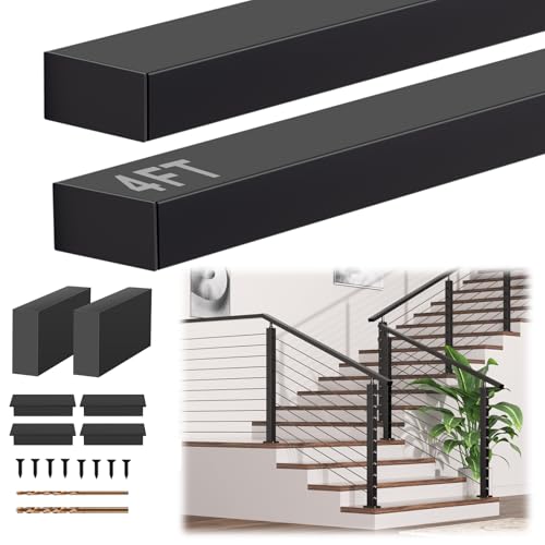 Image of 4FT Black Handrail with Connector, Top Rail for Indoor Outdoor Stair | 2 Pack Stainless Steel T304 Rectangular Handrail, Cable Railing Handrails for Deck Stairs, Easy DIY Flat Top Handrail Tube