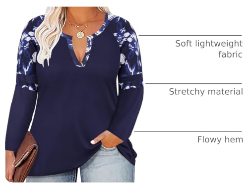Image of CARCOS Plus Size Tops for Women Long Sleeve Fall Tunic Color Block Camo /Plaid /Leopard /Fall Blouse Crewneck Tshirt XL-5XL