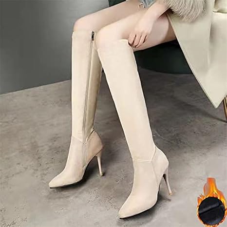 Amazon.com: DESTRB Botas elásticas finas de felpa para mujer, estilo  otoño/invierno, con cremallera lateral puntiaguda, pierna fina, tacón alto,  color beige, talla: 40 : Ropa, Zapatos y Joyería