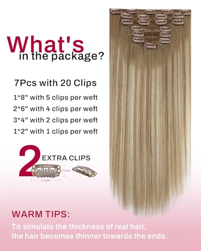 Image of Moresoo Clip in Hair Extensions Balayage Double Weft Real Human Hair Extensions Clip ins Light Brown Mixed with Golden Blonde Full Head 7Pieces 120Grams 20inch