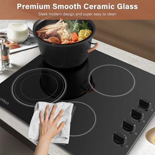 Image of 24 inch Built-In 4 Burner Electric Cooktop, Dual-Ring Burners, 6700W Radiant Stove Top with Knob Control, Residual Heat Indicator & Auto Shut Off, 220-240v Hardwire(No Plug)