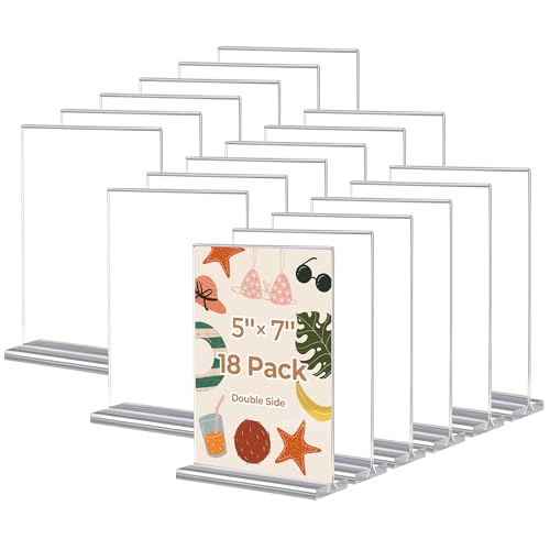 18 Pack Acrylic Sign Holder 5 x 7, Double-Sided Clear Sign Holder Plastic Stands for Display, T Shape Acrylic Table Sign Stands for Office Store Restaurants Wedding Party Decoration