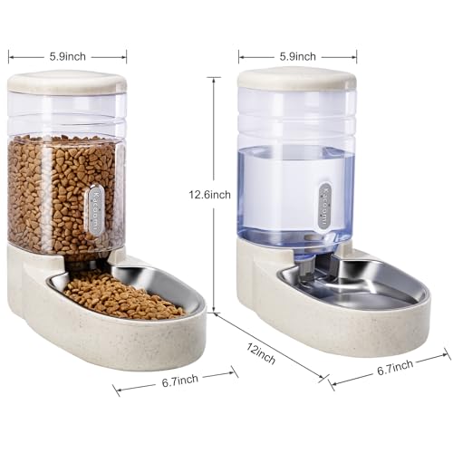 Automatic Cat Feeder and Water Dispenser with Stainless Steel Bowl Gravity Food Feeder and Waterer Set for Small Medium Dog Puppy Kitten 1 Gallon x 2(Beige) by Kacoomi - Image 6