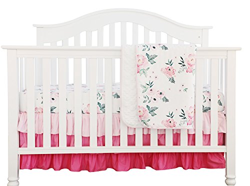 Pink Floral Ruffle Baby Minky Blanket Water Color, Pink Floral Nursery Crib Skirt Set Baby Girl Crib Bedding (3 Pieces Set)