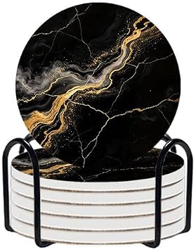 6Pcs Black Gold Marble Coasters with Holder, 6in Ceramic Coaster
