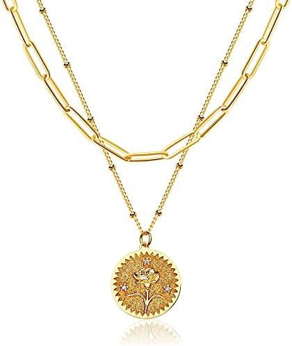 GDCOIN Layered Birth Flower Necklace for Women 18K Gold Plated Double Layered Engraved Custom Floral Pendant Necklaces Dainty Birth Month Flower Disc Coin Necklace Personalized Jewelry