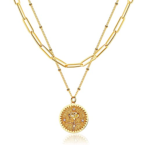 Gdcoin Layered Birth Flower Necklace For Women 18K Gold Plated Double Layered Engraved Custom Floral Pendant Necklaces Dainty Birth Month Flower Disc Coin Necklace Personalized Jewelry #TOP1
