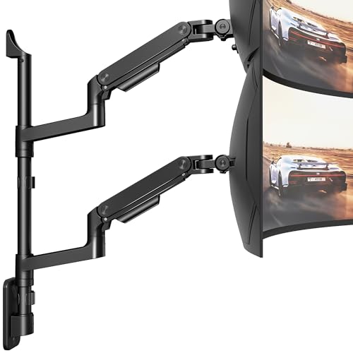 ARES WING Dual Monitor Wall Mount for 17-49 Inch Ultrawide Screens Heavy Duty Wall Mount Monitor Arm Holds 44 lbs Each Fully Adjustable Gas Spring Monitor Arm 75x75/100x100 VESA Mount Black