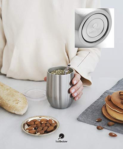 Balibetov [NEW] Modern Yerba Mate Gourd Set (Mate Cup) - Double Walled 18/8 Stainless Steel - Includes Two Bombillas and a Cleaning Brush (Silver, 12) - Thumbnail 3