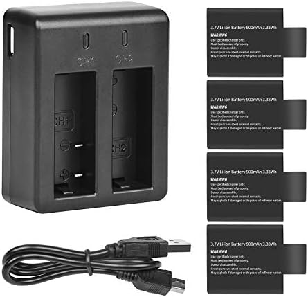 D&F Dual Battery Charger with 4 Pack Replacement Battery 3.7V 900mAh Li-ion Compatible with SJCAM SJ4000 SJ5000 SJ6000 M10 Action Camera