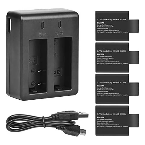 D&F Dual Battery Charger with 4 Pack Replacement Battery 3.7V 900mAh Li-ion Compatible with SJCAM SJ4000 SJ5000 SJ6000 M10 Action Camera Cover