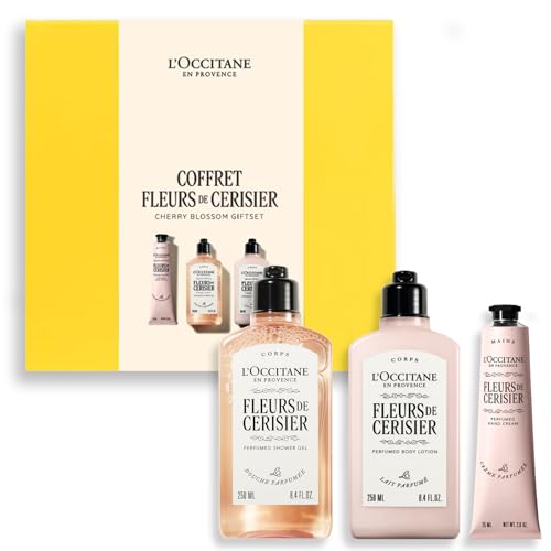 L'OCCITANE Zestaw kwiatów wiśni, miękki, pieniący się żel pod prysznic, balsam do ciała z masy perłowej i krem do rąk, wyprodukowano we Francji