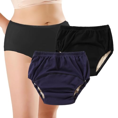 失禁ショーツ 女性用 グレーとピンク 300t 吸水パンツ 尿漏れパンツ 生理横漏れ防止 重失禁対応 抗菌防臭 介護パンツ 下着 無地 婦人用失禁パンツ (スーツ(黒&青), L)