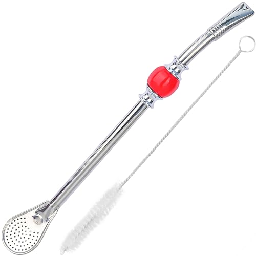 Premium Yerba Mate Straws - Reusable Stainless Steel Bombilla Straw with Colorful Beads - Set with Removable Head Filter (Red)