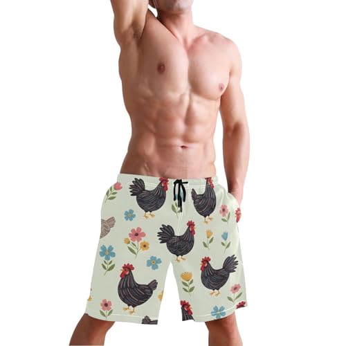 Men's Swim Trunks Quick Dry Swimming Shorts with Pocket Chicken Flowers on Light Swimsuit Trunks4