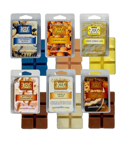 6 Pack Soy Blend Wickless Candle Wax Melt Bar Cubes - Bakery Pack. Hot Apple Pie, Buttered Gingerbread, Pumpkin Spice, Vanilla Velvet, Blueberry Muffin and Lemon Ice Box Cake