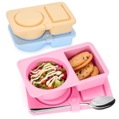 3 PCS Reusable Silicone Snack Containers with Lids Double Compartment Snack Box Container for Food Traval Teens Adults (Pink&Yellow&Blue, 3P)