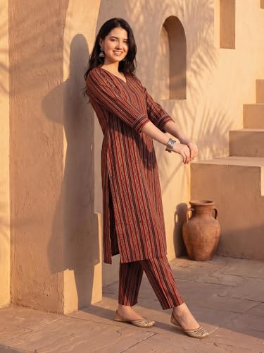 Image of INDO ERA Women Pure Cotton Striped Printed Kurta & Pant Set |Cord Set For Women Cotton