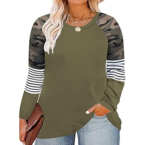 CARCOS Plus Size Tops for Women 3X Camo Color Block Long Sleeve T Shirts Crewneck Basic Raglan Tunicss Casual Army Green Pullover Fall 3XL 22W 24W Cover