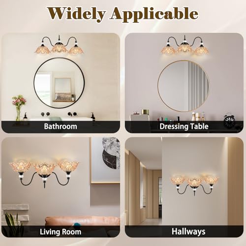 Image of Black Bathroom Vanity Light,3-Light Vanity Light with Floral Amber Glass Shades,Vintage Farmhouse Wall Mount Lighting for Bathroom, Dressing Table
