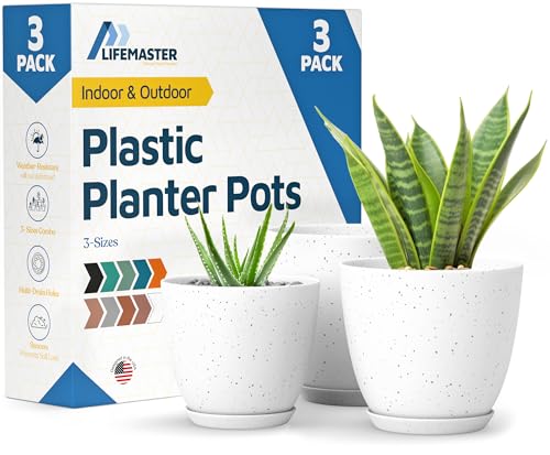 White Grey Plant Pots with Drainage Holes & Saucers 3 Pack, Indoor & Outdoor Stackable Space-Saving Planters for Houseplants & Flowers, (7", 6.7", and 6" Inches), Durable & Weatherproof Materials