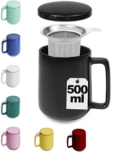 Taza de Te con Filtro y Tapa 500ml Gran- Ceramica - Mantiene Caliente la Infusion - Negra Brillante