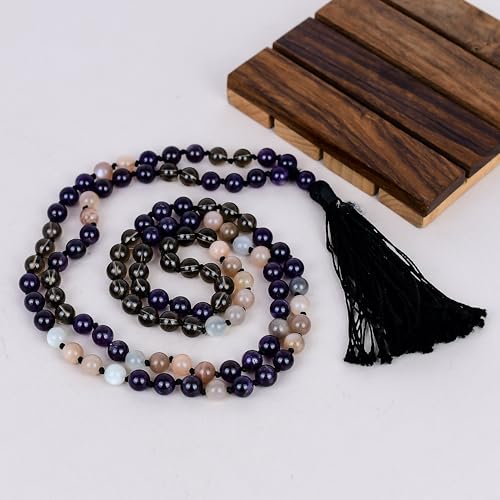 Collier Mala 108 perles améthyste quartz fumé pierre de lune lithothérapie