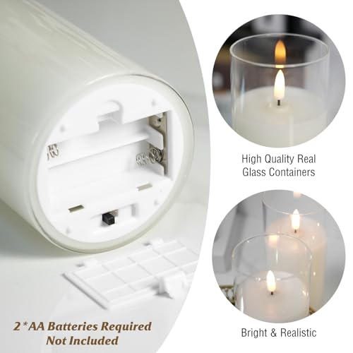 Image of Flameless Candles in Glass with Remote | Flashing LED Pillar Real Wax Fake Candle With Timer, Battery Operated For Wedding Home Decorations - 3Pack